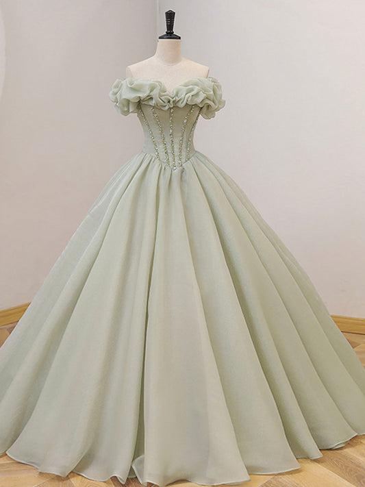 Tulle Green A-Line Long Prom Dress