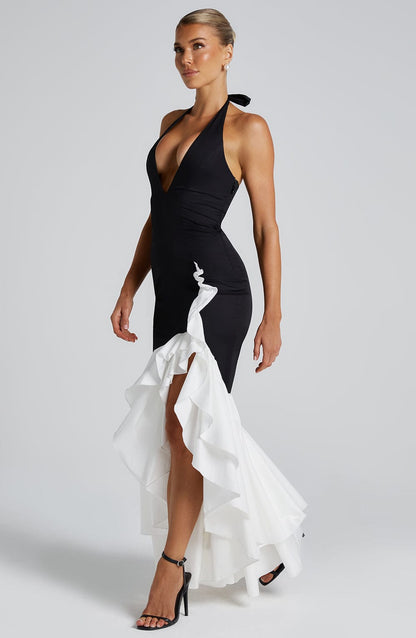 Veronique ruffle hem Maxi Dress in Black