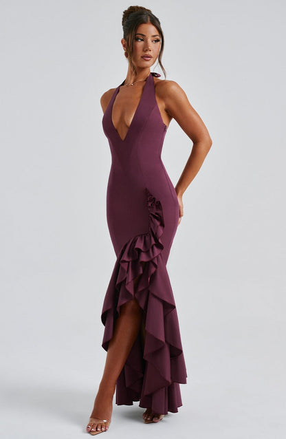 Veronique ruffle hem Maxi Dress in Cherry Lacquer