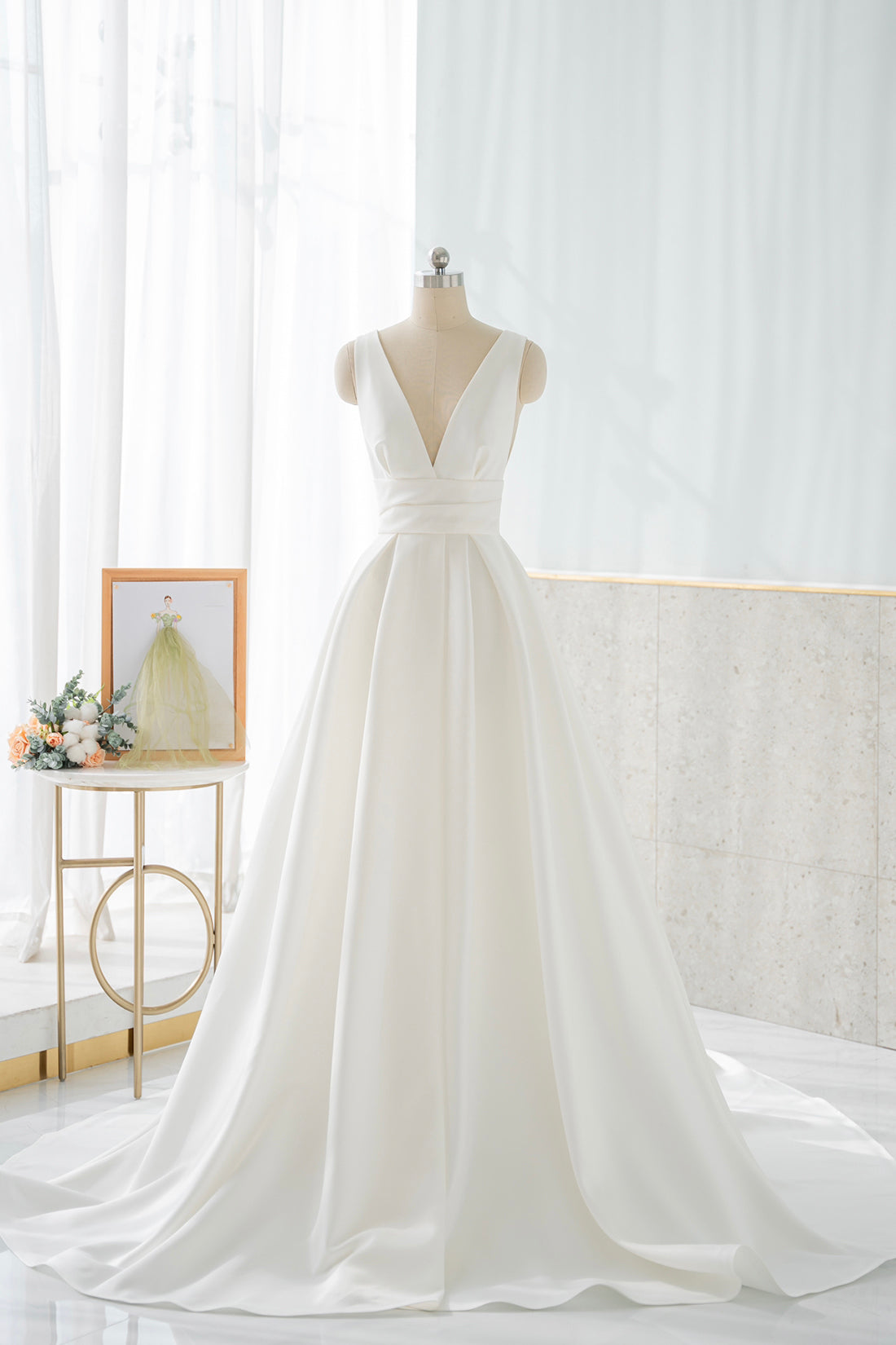 White A-Line V-Neck Satin Dress