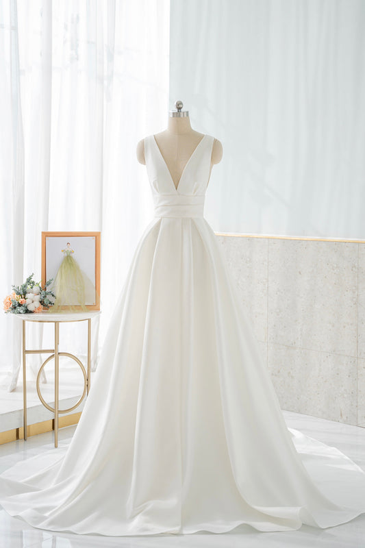 White A-Line V-Neck Satin Dress