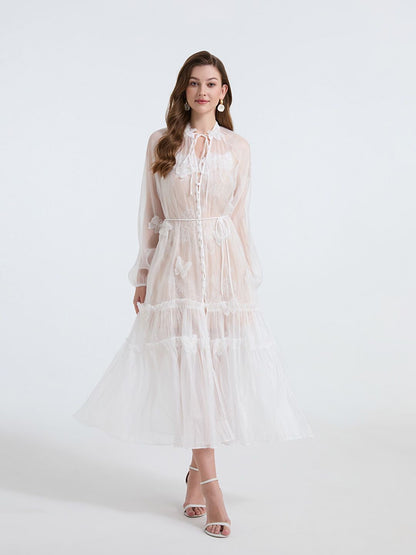 See-through blouse maxi dress with lace skirt in white