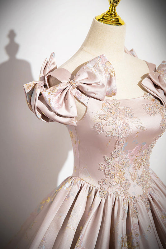 Pink Satin Lace Prom Dress
