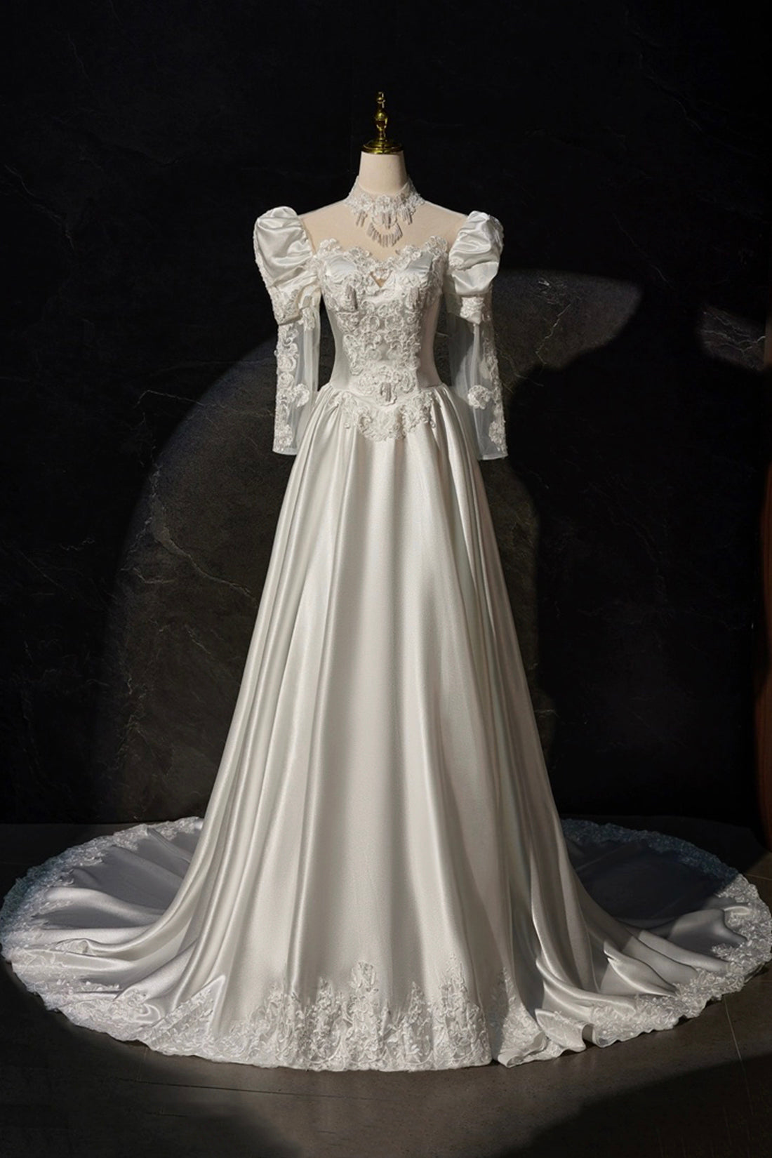 A-Line Satin Lace Long Sleeve Dress