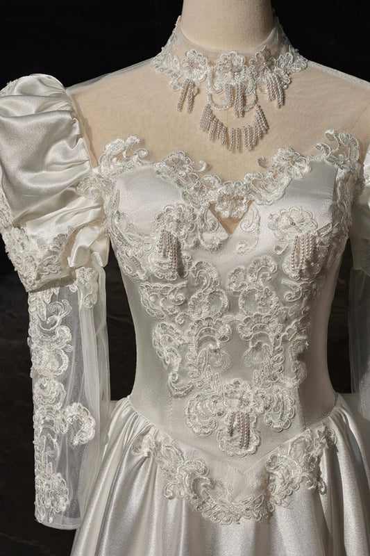 A-Line Satin Lace Long Sleeve Dress