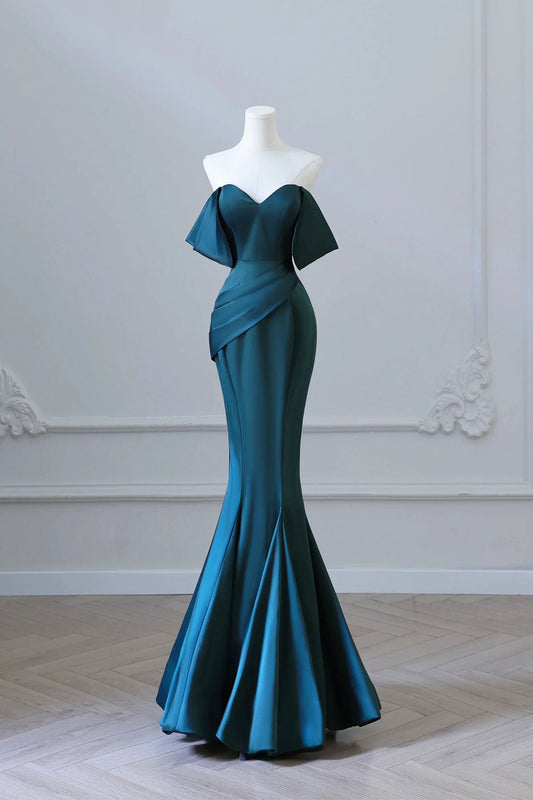 Off Shoulder Satin Ink Blue Prom Dress