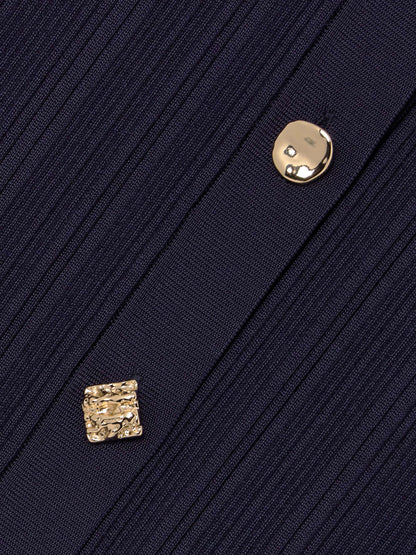 Button-embellished ribbed-knit midi dress in navy