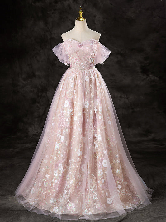 A-Line Off Shoulder Pink Dress
