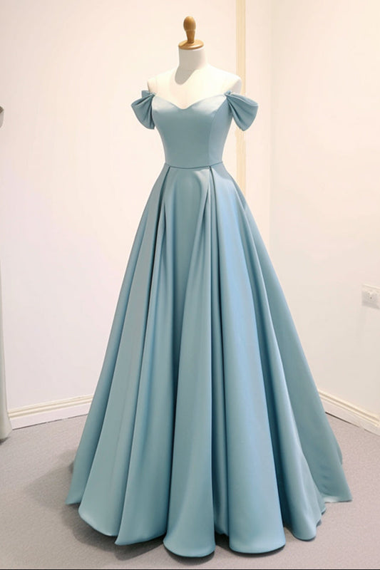 A-Line Off Shoulder Satin Blue Dress