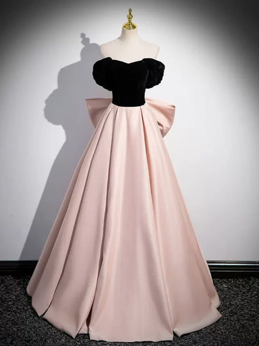 A-Line Off Shoulder Satin Champagne Prom Dress