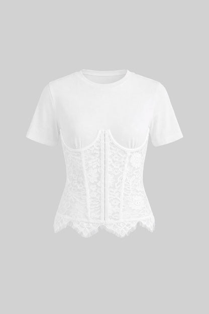 White Spliced Floral Lace Corset Short Sleeve T-shirt