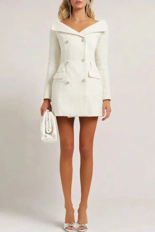 STEPHANIE WHITE BOUCLE BLAZER MINI DRESS