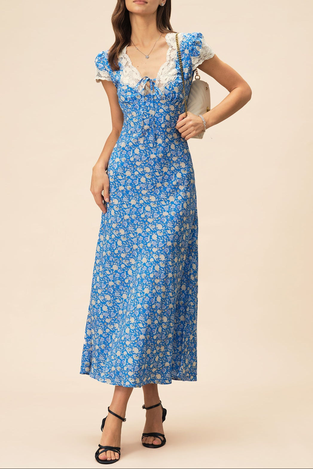 lyuba floral printed Lace-trimmed V-neck maxi dress in blue