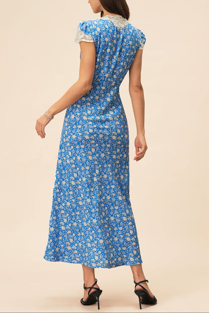 lyuba floral printed Lace-trimmed V-neck maxi dress in blue
