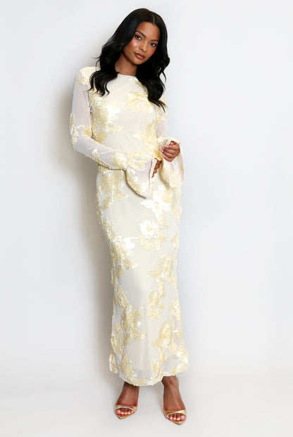 Floral Lace Lined Flute Cuffs Midi Dress
