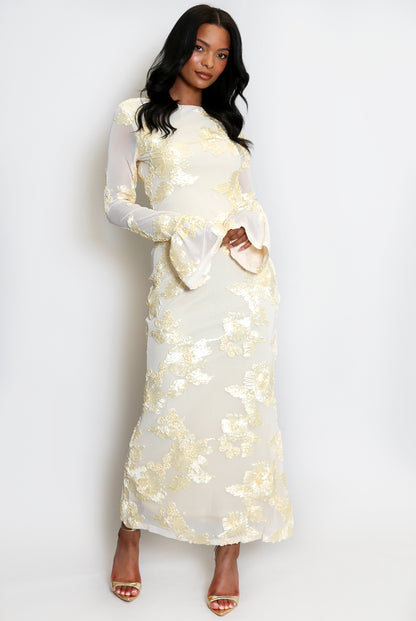 Floral Lace Lined Flute Cuffs Midi Dress
