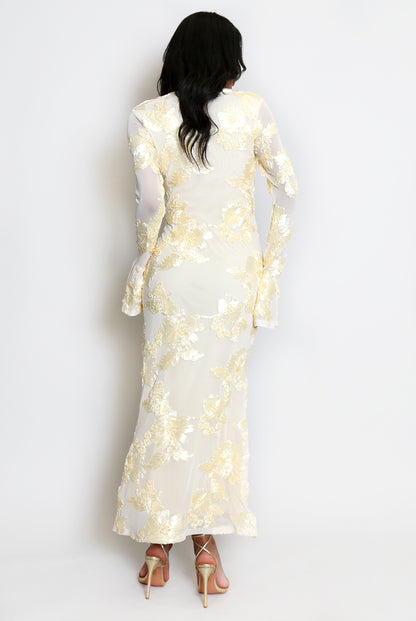 Floral Lace Lined Flute Cuffs Midi Dress