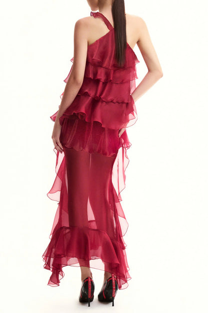 Bedelia Floral Halter Chiffon Ruffle Midi Dress