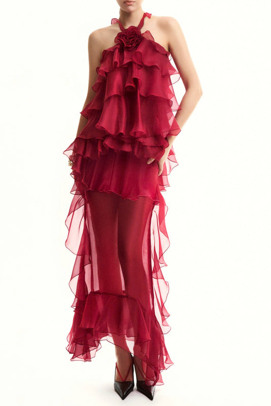 Bedelia Floral Halter Chiffon Ruffle Midi Dress