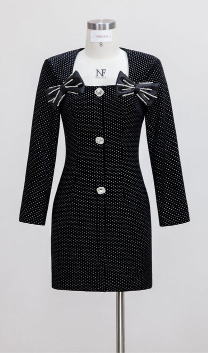 BLACK LONG SLEEVE BOW MINI DRESS