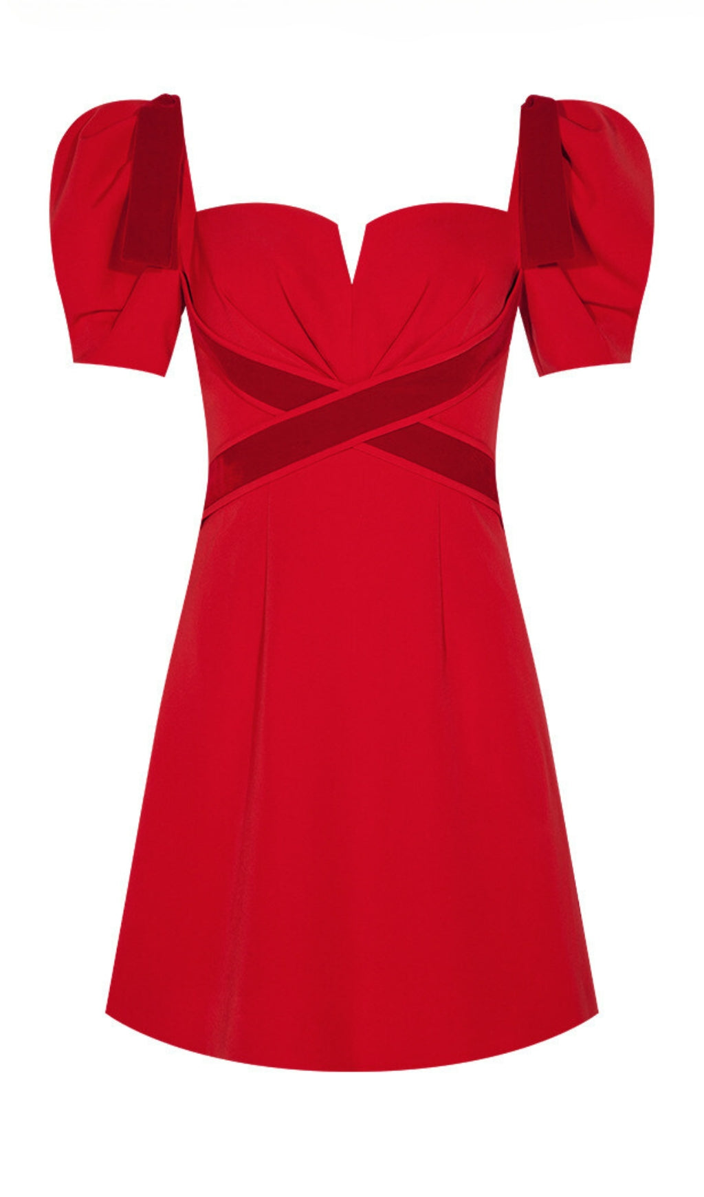 VELVET TIERED PUFF SLEEVE MINI DRESS IN RED