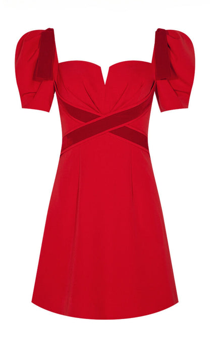 VELVET TIERED PUFF SLEEVE MINI DRESS IN RED