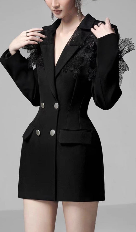 3D EMBROIDERED SUIT DRESS IN BLACK