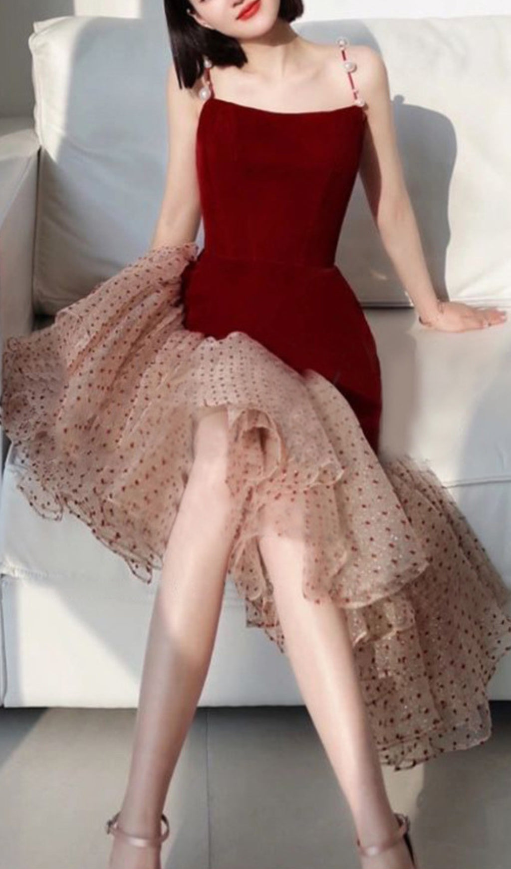 BURGUNDY SUSPENDER MIDI DRESS