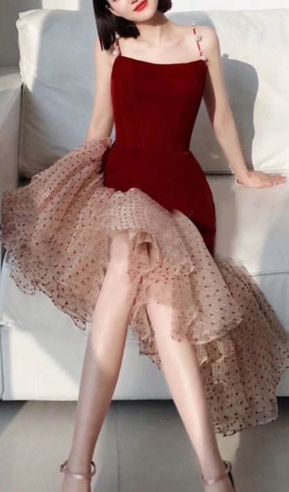 BURGUNDY SUSPENDER MIDI DRESS