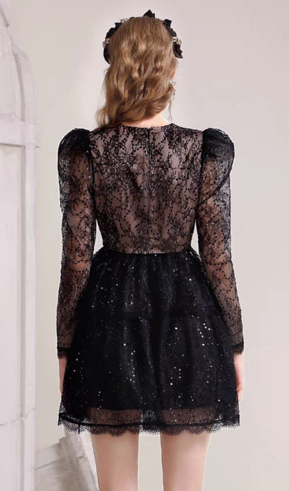LACE V-NECK LONG SLEEVE MINI DRESS IN BLACK