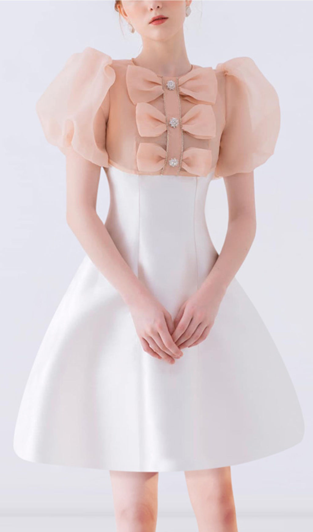 GAUZE BOW PUFF SLEEVE MINI DRESS IN WHITE