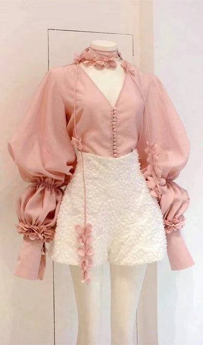 PUFF SLEEVE TWO PIECE SUIT IN PINK