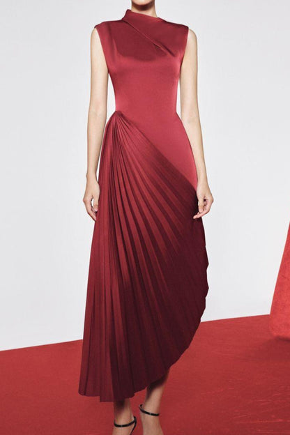 RED DIAGONAL PLEATED MIDI DRESS