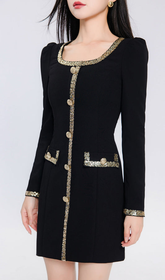GOLD TRIM LONG SLEEVE MINI DRESS IN BLACK