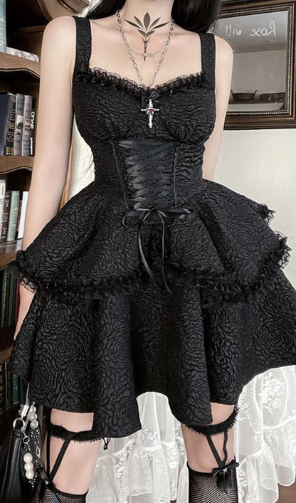 BLACK TEXTURED SUSPENDER MINI DRESS