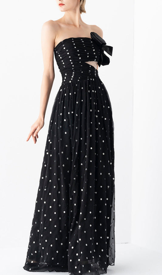 POLKA DOT BANDEAU DRESS IN BLACK-Oh CICI SHOP