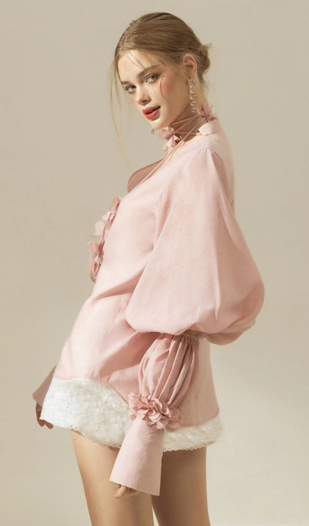 PUFF SLEEVE TWO PIECE SUIT IN PINK