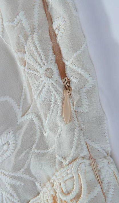 Embroidery V-NECK MINI DRESS IN BEIGE