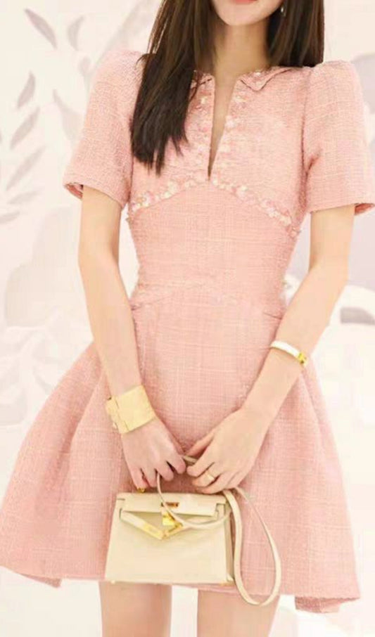 A-LINE BEADED SEQUINE MINI DRESS IN PINK