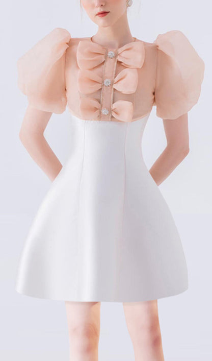 GAUZE BOW PUFF SLEEVE MINI DRESS IN WHITE