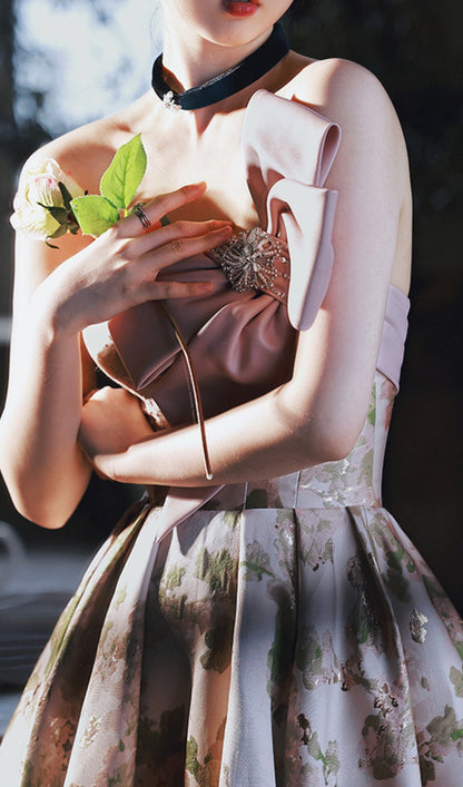 PINK BOW STRAPLESS FLORAL DRESS