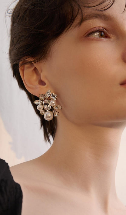 SILVER VINTAGE PEARL AND RHINESTONE EARRINGS