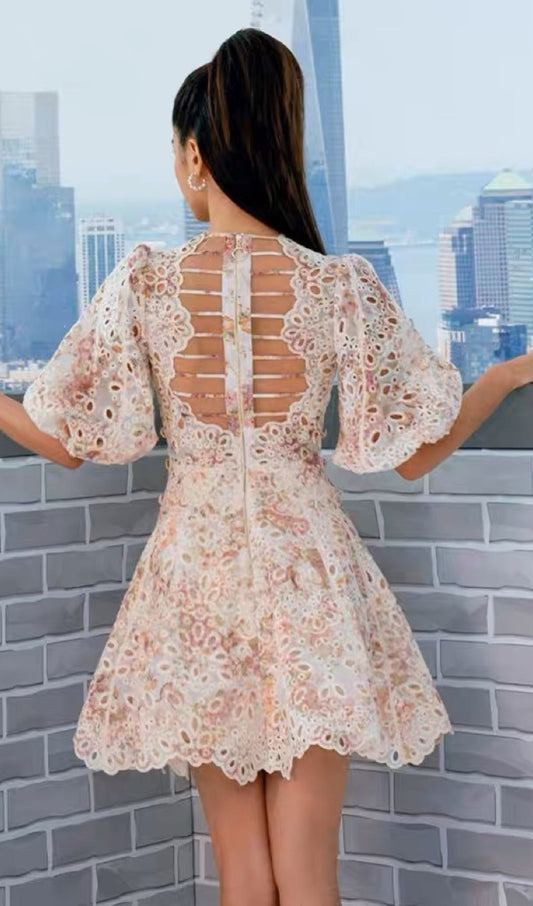 Puff Sleeves Cut-out Backless Floral Mini Dress