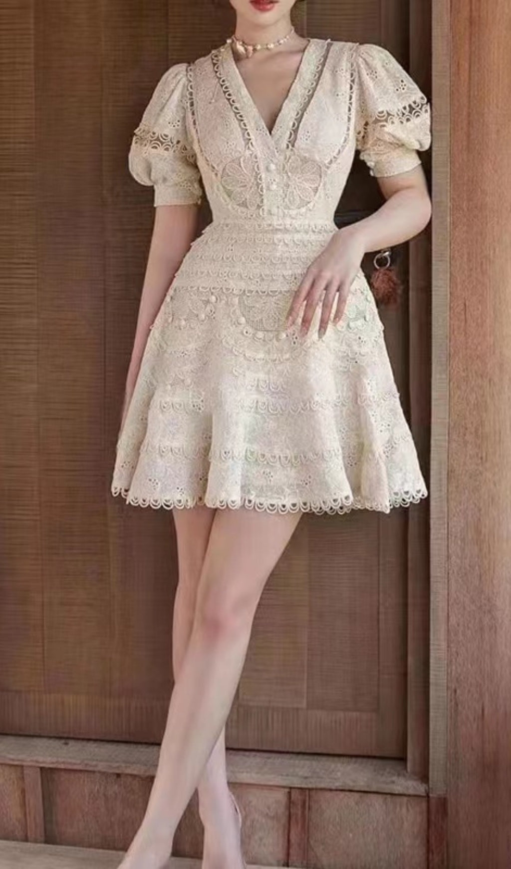 Embroidery V-NECK MINI DRESS IN BEIGE