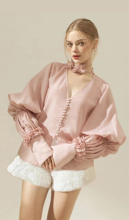 PUFF SLEEVE TWO PIECE SUIT IN PINK