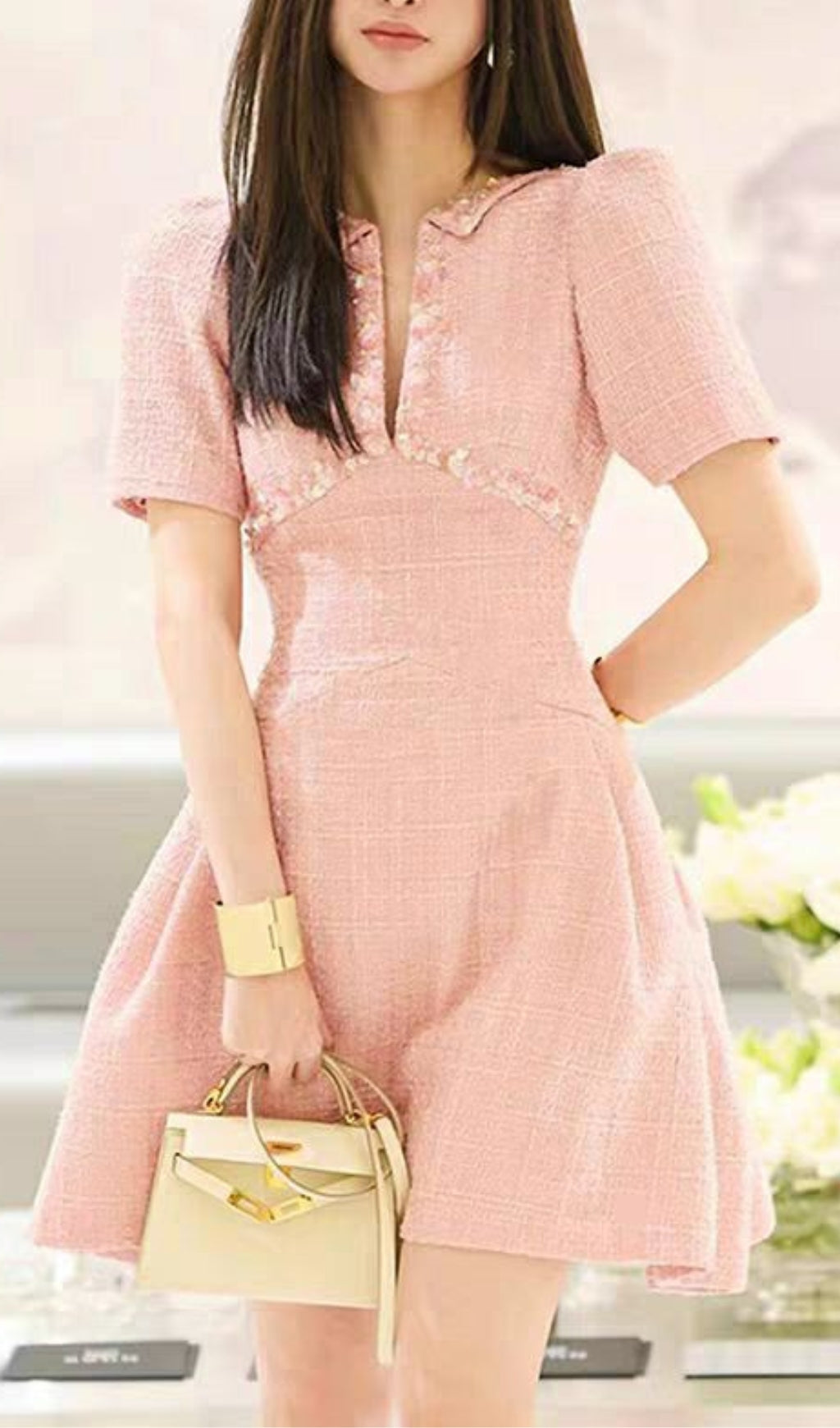 A-LINE BEADED SEQUINE MINI DRESS IN PINK