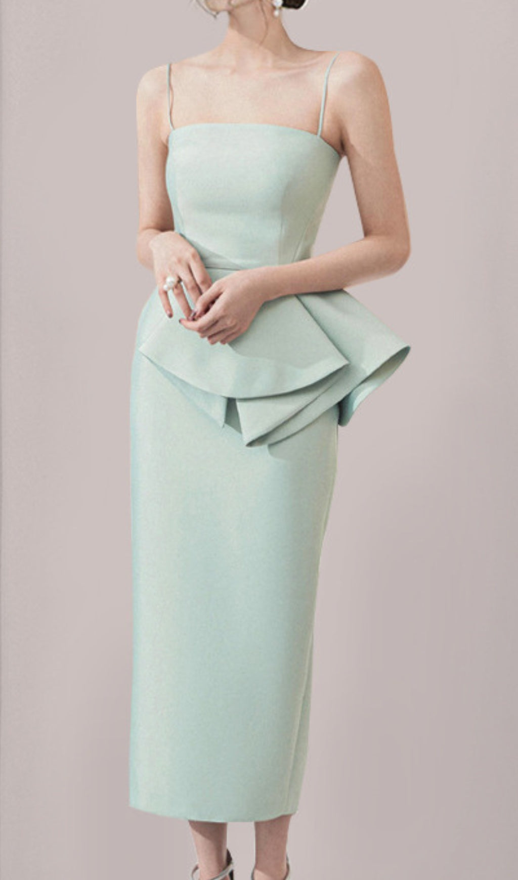 RUFFLE HIP WRAP MIDI DRESS IN MINT GREEN