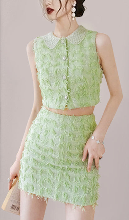 RAW EDGE CROP TOP AND SKIRT TWO-PIECE SET