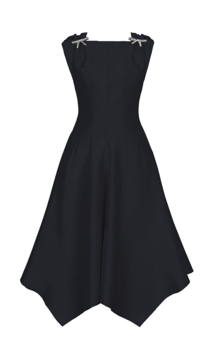 Black Rhinestone Bow Asymmetrical Midi Dress