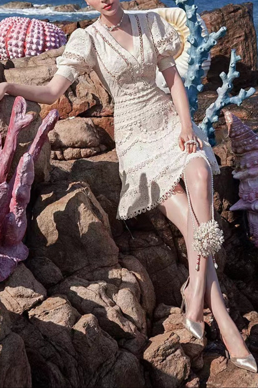 Embroidery V-NECK MINI DRESS IN BEIGE
